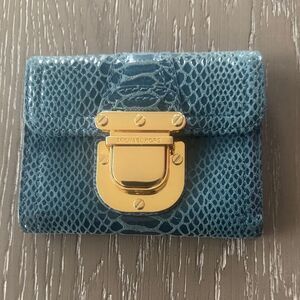 Michael Kors Blue Teal Snakeskin Print Embossed Card Holder Wallet Gold-Tone EUC